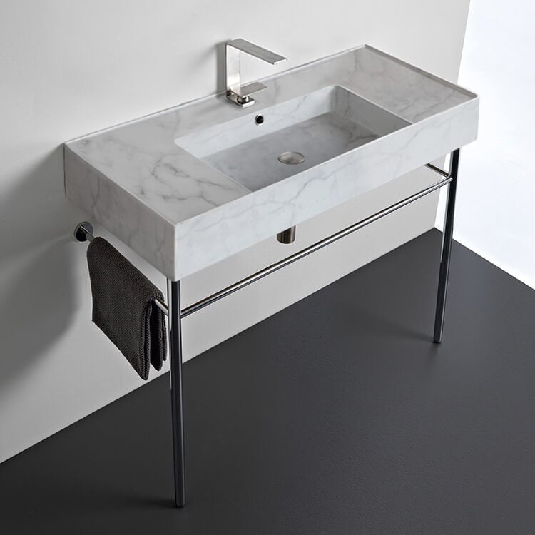 Scarabeo 5124-F-CON-One Hole Marble Design Ceramic Console Sink and Polished Chrome Stand
